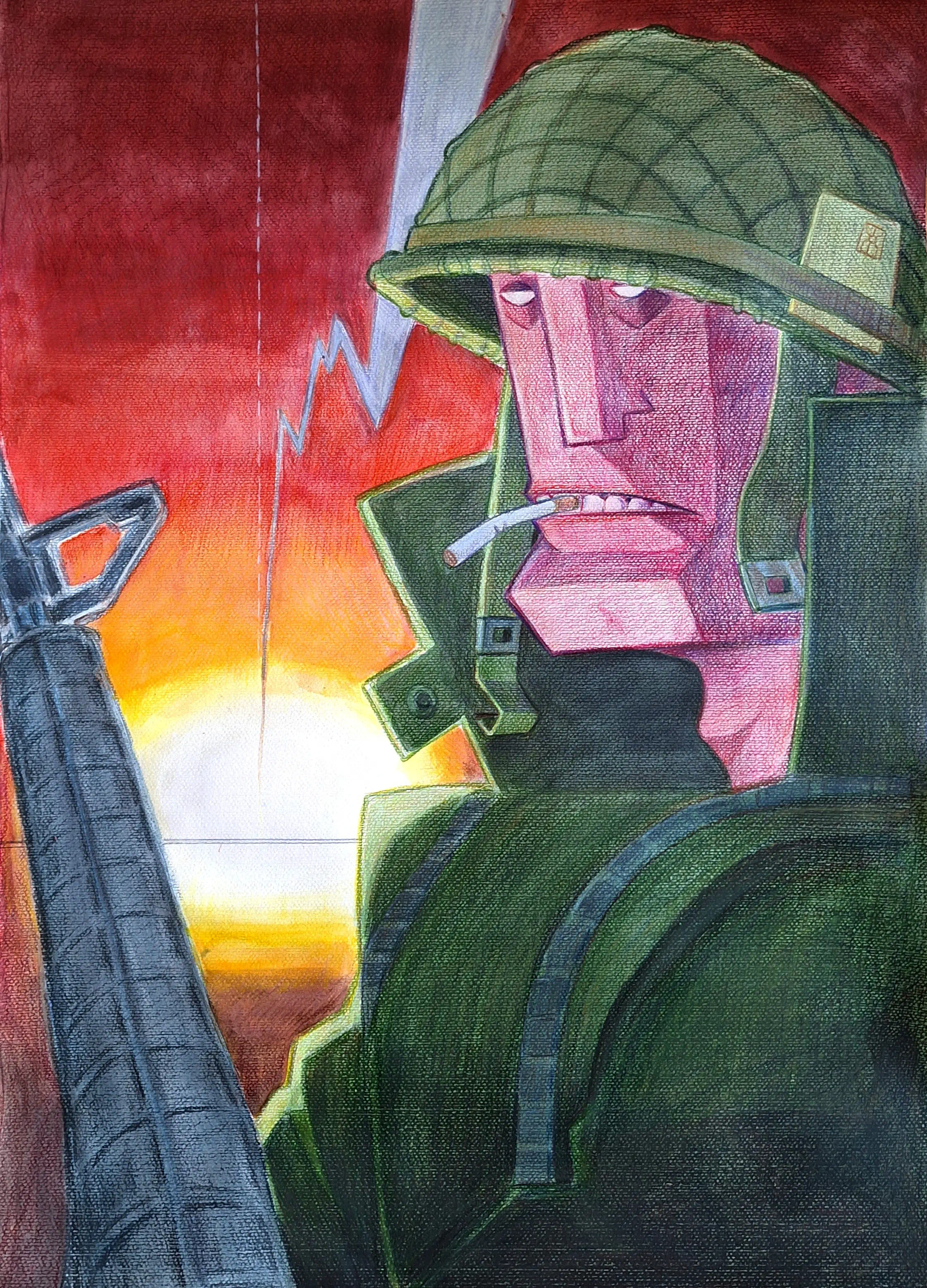 Pencil drawing of a solider from the vietnam era standing in front of a nuclear explosion meant to represent astock market graph, highly stylised artwork with a lot of contrast and a very detailed explosion